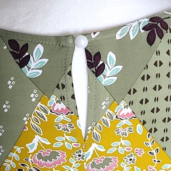 Colorful Longsleeve Patchwork Top, Shirred Elastic Neckline, Size Medium - Picture 7 of 8